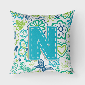 Letter Flowers and Butterflies Teal Blue Fabric Decorative Pillow - 615872980772