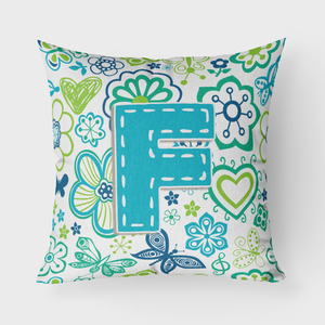 Letter Flowers and Butterflies Teal Blue Fabric Decorative Pillow - 615872980697