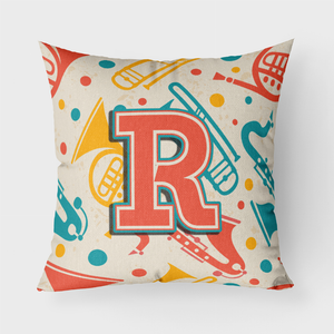 Letter Retro Teal Orange Musical Instruments Initial Fabric Decorative Pillow - 615872979523