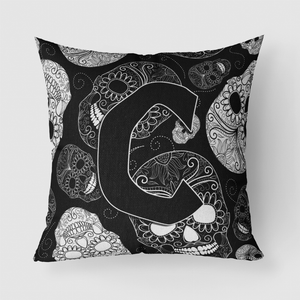 Letter Day of the Dead Skulls Black Fabric Decorative Pillow - 615872981182