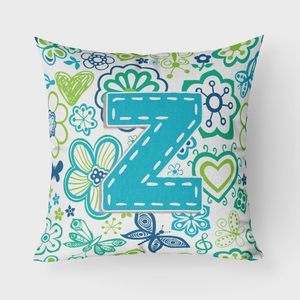 Letter Flowers and Butterflies Teal Blue Fabric Decorative Pillow - 615872980895