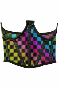 Lavish Checkers Print Mesh Open Cup Waist Cincher - 782588077031