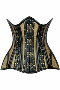 Top Drawer Faux Leather & Colored Brocade Steel Boned Under Bust Corset - 782588083094