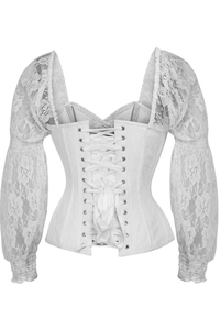 Top Drawer White with White Lace Steel Boned Long Sleeve Corset - 810112205824