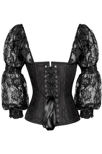 Top Drawer Black with Black Lace Steel Boned Long Sleeve Corset - 810112201475