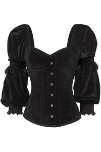 Top Drawer Black Velvet Steel Boned Long Sleeve Corset - 810112201369