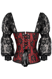 Top Drawer Red with Black Lace Steel Boned Long Sleeve Corset - 810112201512