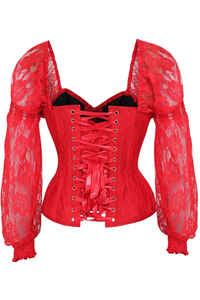 Top Drawer Red with Red Lace Steel Boned Long Sleeve Corset - 810112205695