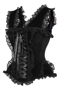 Top Drawer Black Velvet & Lace Steel Boned Corset with Cap Sleeves - 840389608004