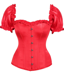 Top Drawer Steel Boned Red Satin Overbust Corset with Sleeves - 810112207606