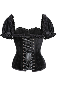 Top Drawer Steel Boned Black Velvet Overbust Corset with Sleeves - 810112203080