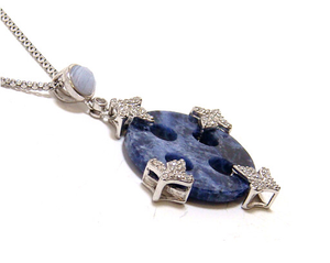 Natural Sodalite & Blue Lace Circle Pendant, 925 Sterling silver, Platinum - 000354896925