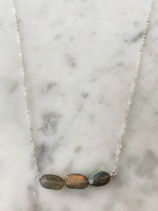 Sterling Silver 3 Oval Stone Labradorite Bar Necklace - 810104078092