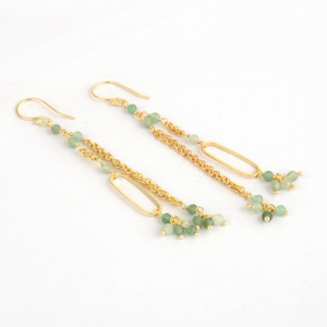 Two Strand Gold Earring with Green Strawberry Quartz and Oval Accent - 196704534382