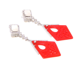 Red Jade & White Jade Dangle Earrings, 925 Sterling Silver - 000354896965