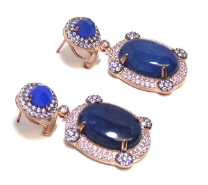 Blue Jade Oval Shape Dangle Earrings, 925 Sterling Silver - 000354896803