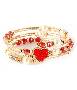 Red Heart Druzy and Pearl Wrap Gold Bracelet - 197094667131