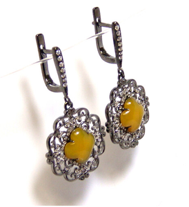 Yellow Agate Dangle Earrings, 925 Sterling Silver, Black Gold Embraced - 000354897108