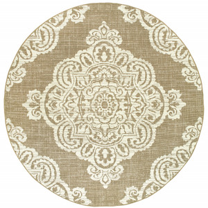 8' Round Tan Round Oriental Stain Resistant Indoor Outdoor Area Rug - 606114582731