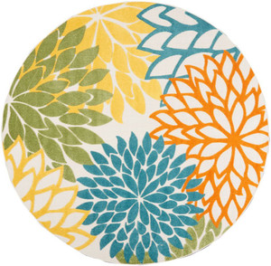 8' X 8' Turquoise Round Floral Non Skid Indoor Outdoor Area Rug - 606114454526