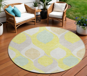 8' Yellow Mint Green And Beige Round Ogee Washable Indoor Outdoor Area Rug