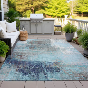 9' X 12' Teal Blue And Gray Abstract Washable Indoor Outdoor Area Rug - 880016502695