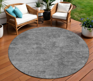 8' Gray And Smoky Black Round Abstract Washable Indoor Outdoor Area Rug - Gray, Smoky Black