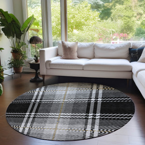 8' Black Gold And Gray Round Plaid Washable Indoor Outdoor Area Rug