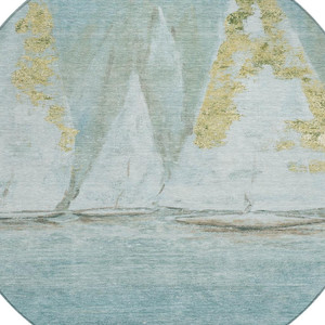 8' Teal Blue And Gold Round Nautical Washable Indoor Outdoor Area Rug