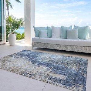 8' X 10' Navy Blue And Taupe Abstract Washable Indoor Outdoor Area Rug