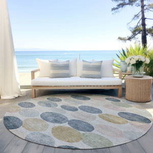 8' Beige Navy Blue And Gold Round Geometric Washable Indoor Outdoor Area Rug