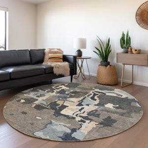 8' Taupe Gray And Beige Round Abstract Washable Indoor Outdoor Area Rug