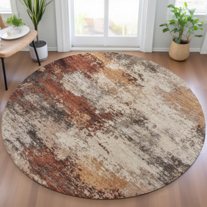 8' Rust And Beige Round Abstract Washable Indoor Outdoor Area Rug - Rust, Beige