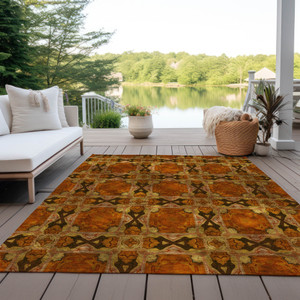 8' X 10' Orange And Rust Floral Medallion Washable Indoor Outdoor Area Rug