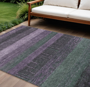 10' X 14' Purple And Olive Green Striped Washable Indoor Outdoor Area Rug