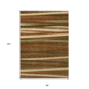 8' X 10' Brown Copper And Beige Striped Washable Indoor Outdoor Area Rug