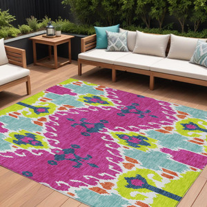 9' X 12' Pink Lime Green And Orange Ikat Washable Indoor Outdoor Area Rug