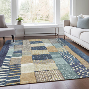 8' X 10' Navy Blue Beige And Ivory Geometric Washable Indoor Outdoor Area Rug