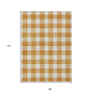 9' X 12' Orange And Beige Plaid Washable Indoor Outdoor Area Rug