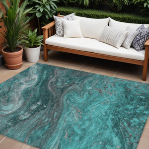 10' X 14' Teal Blue Aqua And Gray Abstract Washable Indoor Outdoor Area Rug Transitional Style - Teal Blue, Aqua, Gray Color