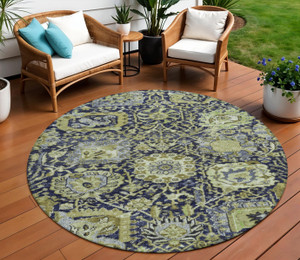 8' Fern Green And Blue Round Damask Washable Indoor Outdoor Area Rug