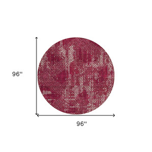 8' Burgundy And Ivory Round Geometric Washable Indoor Outdoor Area Rug - Burgundy, Ivory
