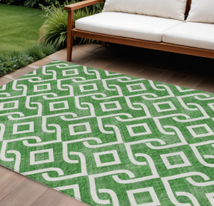 10' X 14' Emerald And Ivory Geometric Washable Indoor Outdoor Area Rug