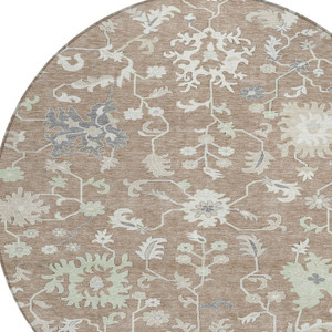8' Taupe Beige And Gray Round Floral Washable Indoor Outdoor Area Rug - Taupe, Beige, Gray