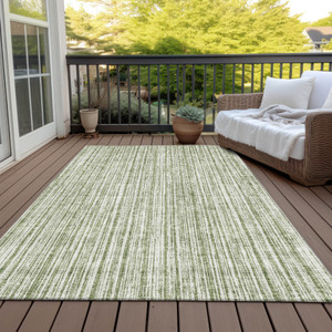 9' X 12' Green And Ivory Striped Washable Indoor Outdoor Area Rug - 608219083762