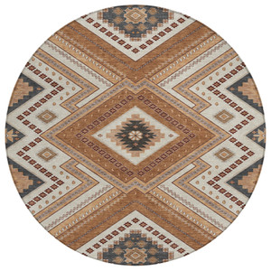 8' Copper Brown And Beige Round Tribal Washable Indoor Outdoor Area Rug