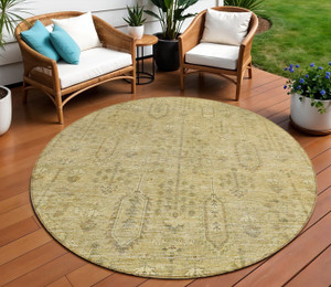 8' Gold And Taupe Round Southwestern Washable Indoor Outdoor Area Rug