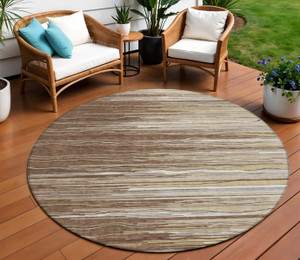 8' Brown Beige And Ivory Round Striped Washable Indoor Outdoor Area Rug Transitional Style - Brown, Beige, Ivory Color