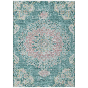 8' X 10' Teal Blue Floral Medallion Washable Indoor Outdoor Area Rug