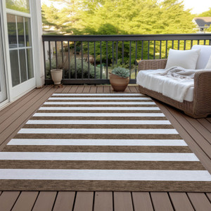 9' X 12' Chocolate Striped Washable Non Skid Indoor Outdoor Area Rug